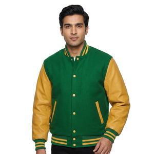 <b>Men</b> baseball varsity jacket High Quality Custom Design Wholesale Bomber Letterman Green Varsity Jacket Golden Sleeves Jacket - Product Image 1