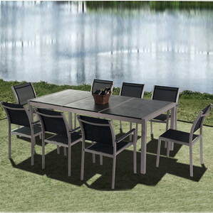 Juego de Mesa y Sillas de Comedor <span class=keywords><strong>para</strong></span> Jardín, <span class=keywords><strong>Patio</strong></span> o Balcón, Modelo Bertha OEM, en Plástico Imitación <span class=keywords><strong>Madera</strong></span> y Aluminio Cepillado, Muebles de Exterior - Product Image 6
