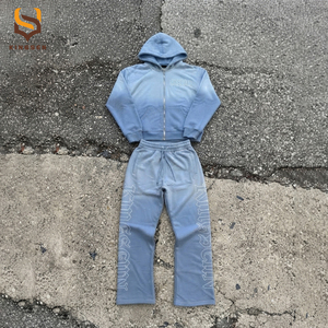 Conjunto de Sudadera con Capucha y Pantalones Deportivos de Felpa Francesa con Estampado de Diamantes de Imitación Personalizado, Efecto Desgastado por el Sol, Cierre de Cremallera, Peso Pesado y Lavado Ácido - Product Image 3