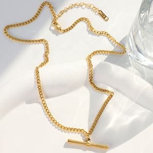 卸売カスタム18Kゴールドメッキステンレススチールメッシュフィガロロープチェーンリンク水平3DTバーペンダントネックレス女性用 - Product Image 4