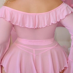 Mini Abito da Notte Sexy Rosa Trasparente con Scollo a Barca Arricciato, Maniche Svasate e Orlo con Volant, Vestito Aderente Trasparente - Product Image 2