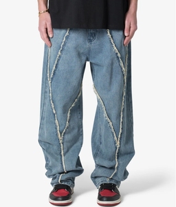 Nueva <span class=keywords><strong>Serie</strong></span> de Diseño: <span class=keywords><strong>Jeans</strong></span> de Mezclilla para Hombre, Estilo Vintage, Lavado Azul, Paneles con Parches, Bajo sin Rematar, Corte Holgado - Product Image 2