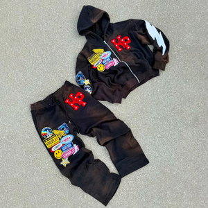 Flared Tracksuit Men High Quality Black Acid Wash Tracksuit Distress Applique Patch <b>Jogger</b> <b>Zip</b> up Hoodies and Sweatpants Set - Product Image 1