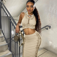 Voir à travers évider haut court jupe deux pièces atching ensemble femmes maigre mode vêtements Sexy été