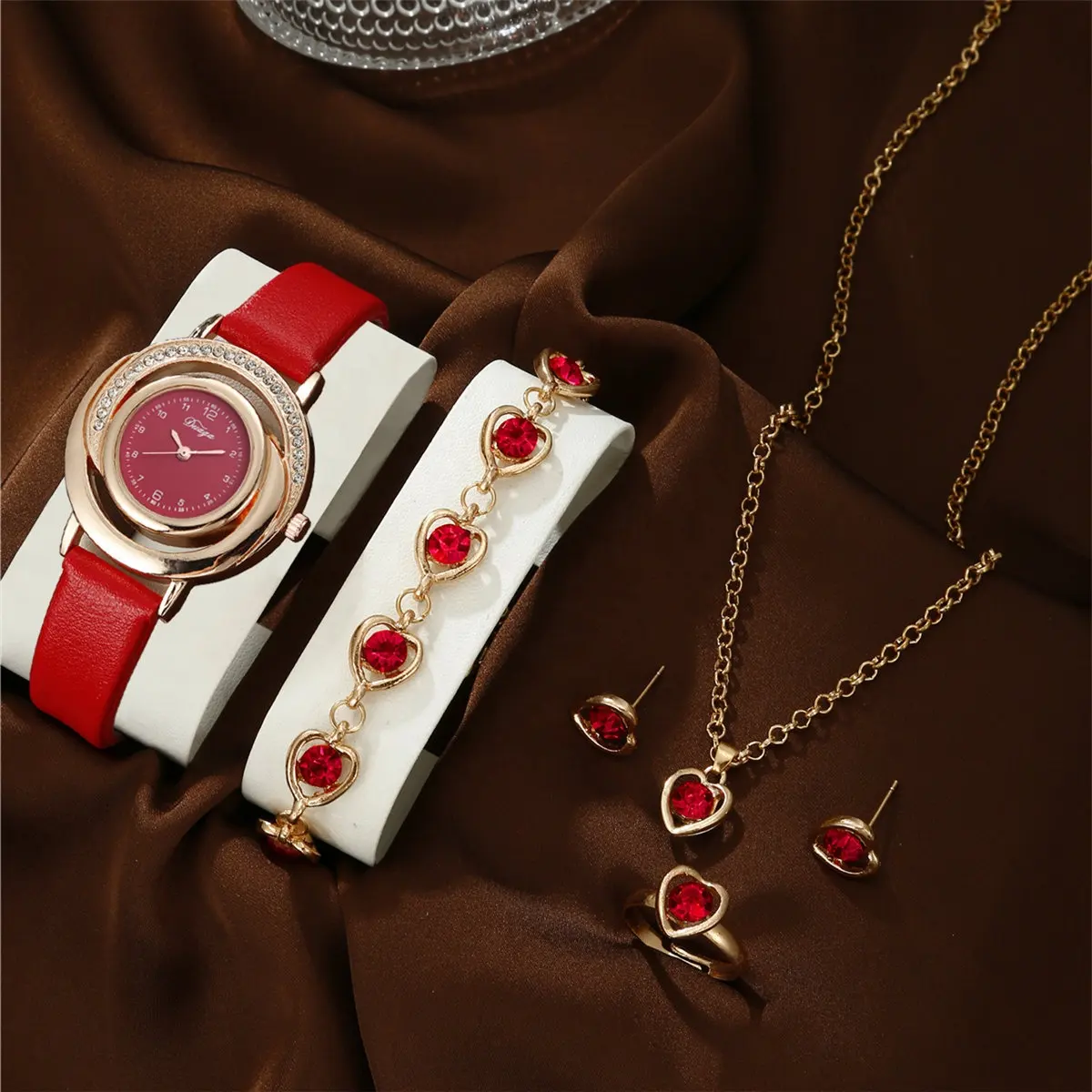 6146 Mode 5 Stuks Dames Horloge Set Lederen Band Diamant Horloges Sets Hart Ketting Oorbel Armband Cadeau Set Vrouwen Feest