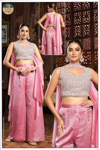 Conjunto de Traje Palazzo Rosa de Diseño Indo-Occidental para Mujer con Top Corto Bordado y Dupatta para Fiestas y Bodas - Product Image 4