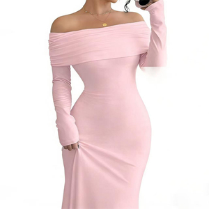 Abito da sera elegante da donna, lungo fino al pavimento, monospalla, con drappeggio, vestibilità slim, in poliestere ecologico, senza schienale, per l'autunno - Product Image 3