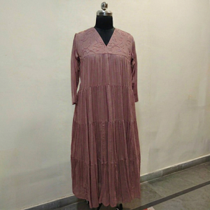 Velvet Woven Asymmetric <b>Maxi</b> Dress V Neck Long Sleeve Embroidered Pleated Loose Fit Autumn Casual Solid Color Layered Hem - Product Image 1