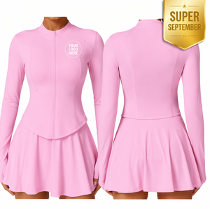 ชุดเซ็ตกระโปรงเทนนิสสีชมพูพร้อมโลโก้ OEM แบบกำหนดเอง เสื้อแจ็คเก็ตแขนยาวแบบซิป ชุดออกกำลังกาย กระโปรงพลีท ชุดโยคะ 2 ชิ้นสำหรับผู้หญิง - Product Image 2