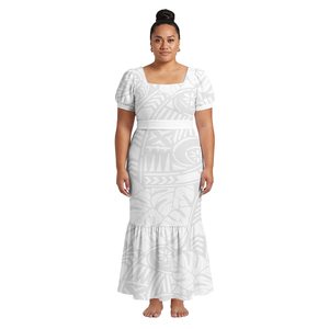 Robe décontractée pour femme, motif tribal polynésien samoan tropical, style hawaï<span class=keywords><strong>en</strong></span>, col carré, coupe sirène, blanche, Sunday - Product Image 2