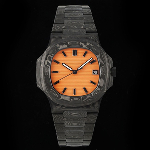 Montre de luxe en fibre de carbone marbrée, boîtier octogonal, cadran rayé orange, date automatique, étanche, montre-bracelet haut de gamme pour hommes et femmes - Product Image 1