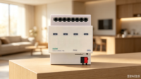 Actionneur de commutation KNX 4 voies 230V AC, montage sur rail DIN, protection IP20, capacité de coupure 10A pour la domotique et l'automatisation des bâtiments
