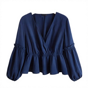 เสื้อผู้หญิงแบบสวม คอวี แขนยาวทรงกระบอก แต่งระบาย ผ้าโพลีเอสเตอร์สีพื้น ยี่ห้อ OEM/ODM สไตล์ลำลอง เอวยางยืด - Product Image 1