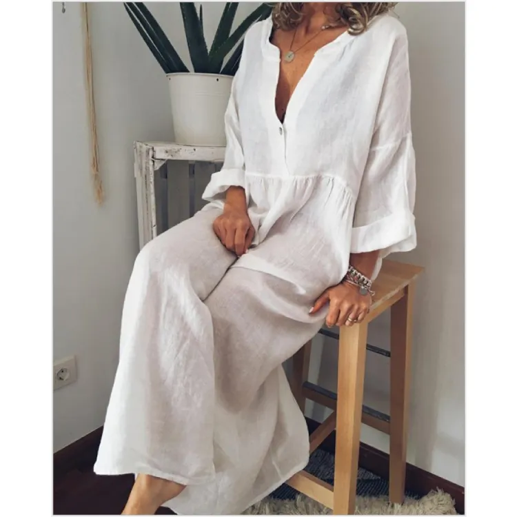 Cheap wholesale 5XL Long Sleeve V neck ladies plain white dress Casual cotton linen shirt dress for women