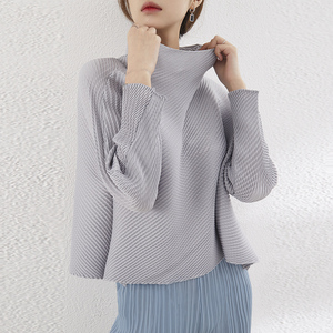 Miyake holgada-Blusa de manga larga con cuello alto para verano, camisa plisada con cuello alto para mujer, envío rápido - Product Image 2