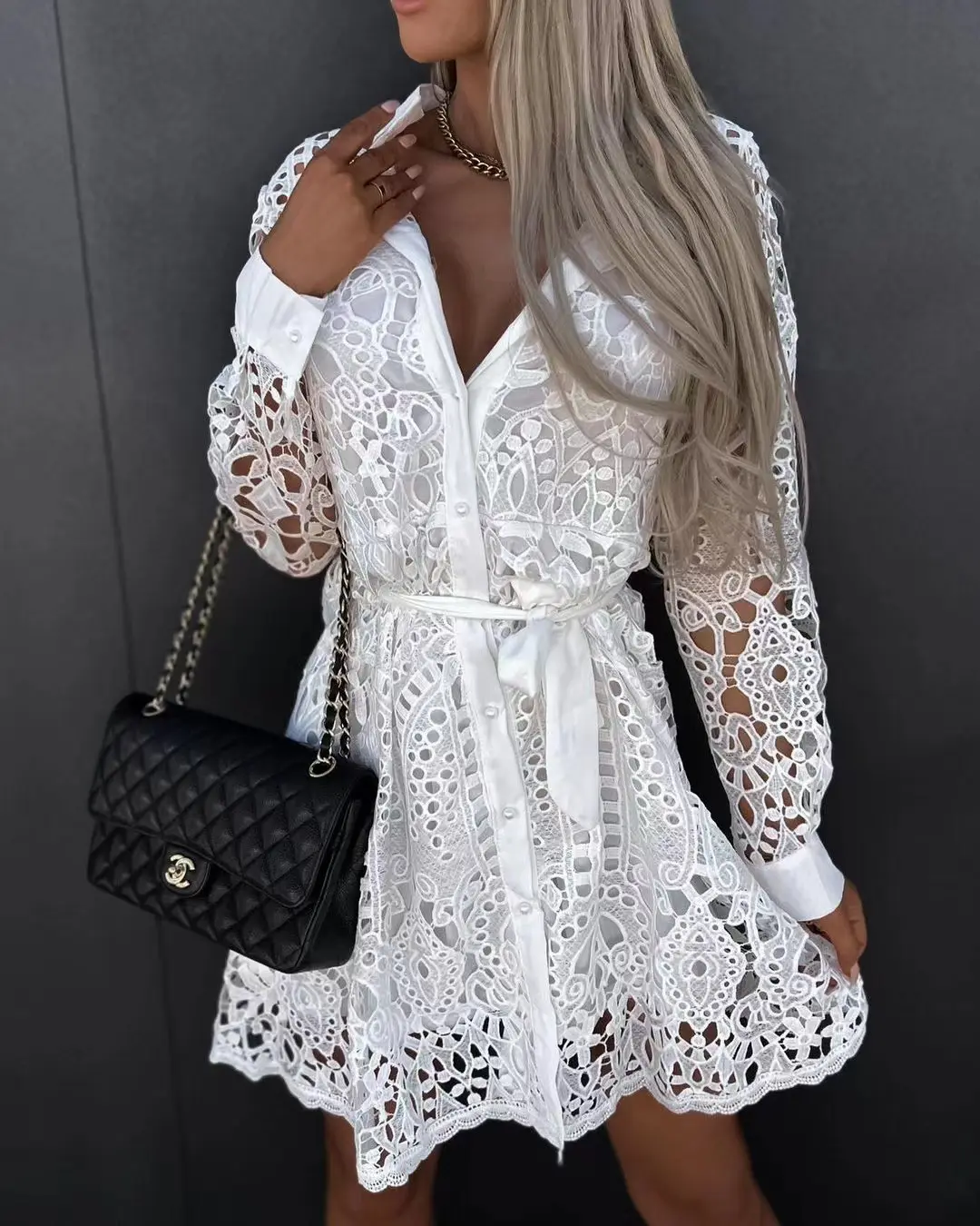 DR-01 Latest 2022 fall long sleeve dresses for women turn down collar lace dresses with buttons White long shirt mini dress