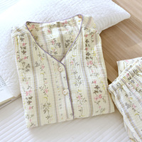 Pyjama en coton lavé fin pour femme, col en V, taille élastique respirante, manches longues, longueur intégrale, en crêpe double épaisseur