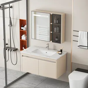 कस्टम सरल सुंदर दर्पण बड़ी क्षमता भंडारण स्थान बाथरूम अलमारियाँ सिरेमिक रॉक स्लैब