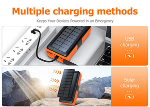 Batterie externe solaire 30000mAh avec générateur à manivelle, charge rapide 12W, 3 câbles intégrés, lampe torche LED, chargeur d'urgence portable - Product Image 6