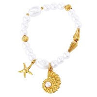 Bracelet élastique en perles d'acrylique et coquillages, style plage estival, en acier inoxydable plaqué or avec breloques