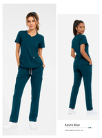 Ensemble de Blouse et Pantalon Médical Extensible pour Femme, Col en V, Coupe Droite, Respirant, Couleur Unie, pour Soins Infirmiers et Salons de Beauté - Vente en Gros Direct Usine