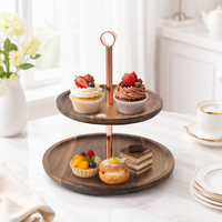 Plateau de service à 2 niveaux en bois d'acacia pour cupcakes et desserts avec poignée or rose - Présentoir alimentaire pour mariages, fêtes et maison