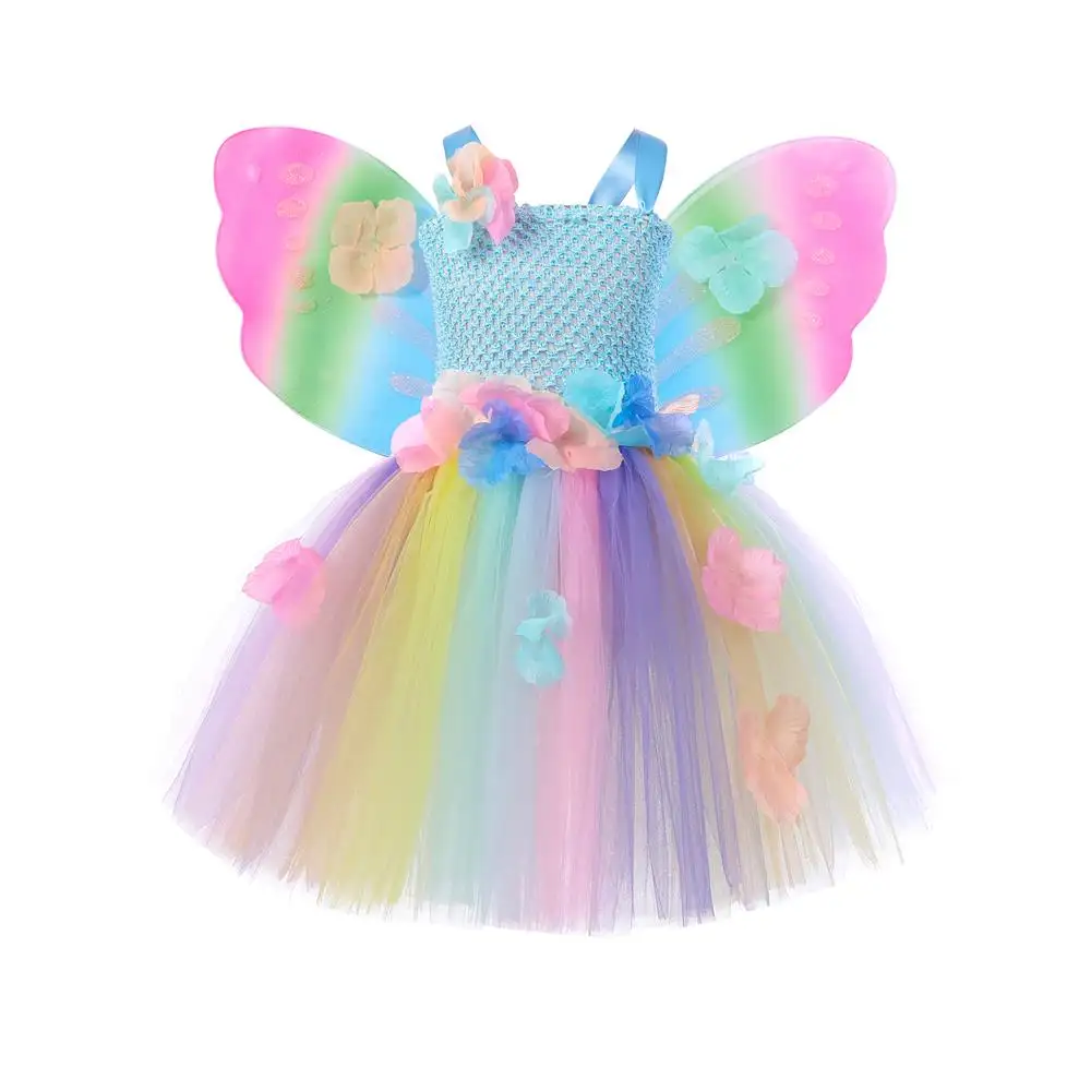 Vestido de aniversário menina adolescente com asas borboleta fada cosplay traje nova princesa crianças tutu vestidos sem mangas malha roupas