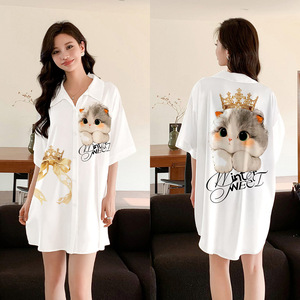 Yaoyu femmes décontracté été chemise de nuit à manches courtes glace soie chemise robe nouveau pyjama en Satin mousseline de soie avant solide maison - Product Image 6