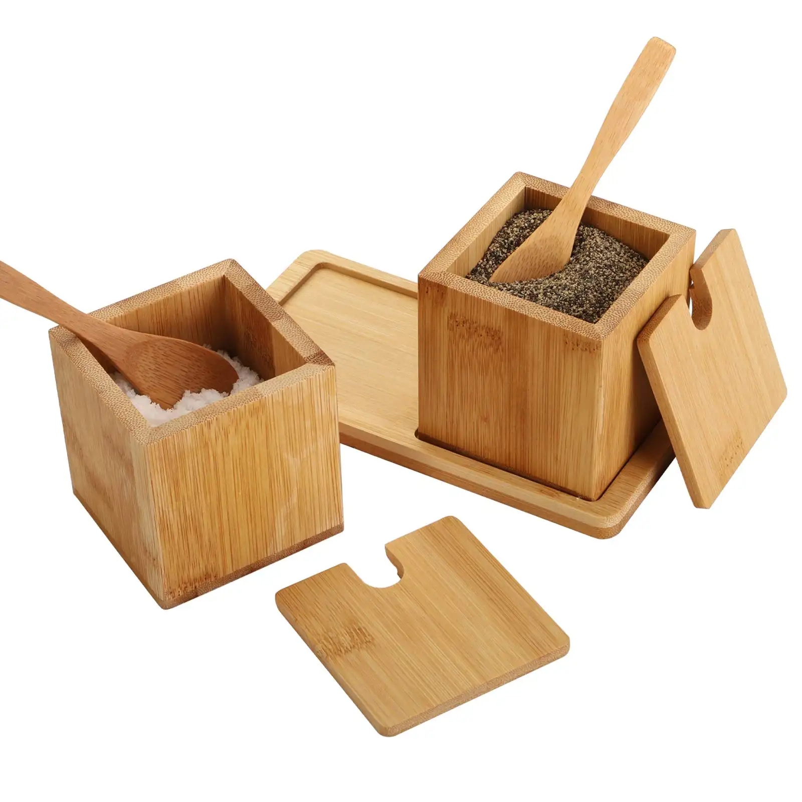 Boîtes à sel en bambou, conteneurs carrés en bois avec couvercles et plateaux