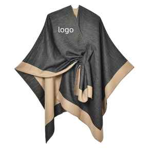 Cape polyvalente tendance transfrontalière avec franges à nouer sur le côté pour une chaleur élégante - Product Image 1