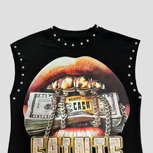 PEEQI FC1428 Primavera Verano Venta al por Mayor Nuevas Camisetas sin Mangas para Mujer con Estampado de Remaches, Camisetas Casuales con Gráficos de Moda, Estilo Crop - Product Image 4