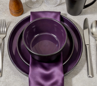 Service de table en céramique classique, 16 pièces, noir à l'extérieur, violet à l'intérieur, assiettes, bols, tasses - Passe au lave-vaisselle, pour un usage domestique