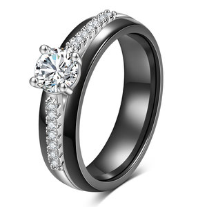 White And Black <b>Ceramic</b> <b>Ring</b> 6Mm Prong Setting Zircon Wedding Jewelry Unisex - Product Image 5