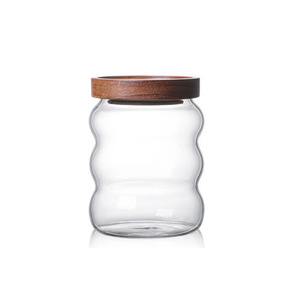 Airtight Glass Storage <b>Jar</b> <b>With</b> Wooden <b>Lid</b> For Coffee Beans Grains Seasonings Round Shape 2535 - Product Image 4