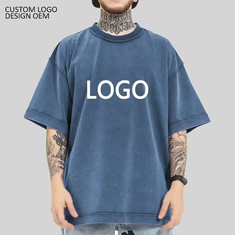 Camiseta personalizada con estampado de DTG de 100% algodón para hombre, ropa de calle pesada con hombros caídos, camiseta vintage de gran tamaño con lavado ácido