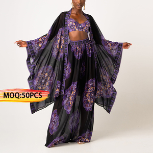 Oem personalizado Crop Tops patrón estampado largo Kimono gasa pantalones Casual Co Ord elegante juego de 3 piezas Conjunto para las mujeres - Product Image 1