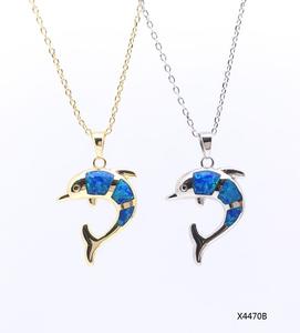 Kalung Liontin Hongqi 925 Perak Biru Blaze Opal Bentuk Lumba-lumba Berlapis Emas Rantai Link Setting Bezel Trendi Unisex Hadiah Pesta - Product Image 1