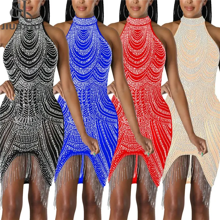 Luxury Sparkly Diamond Tassel Bodycon Evening Mini Dress for Women Nightclub Rhinestone Birthday Party Dress