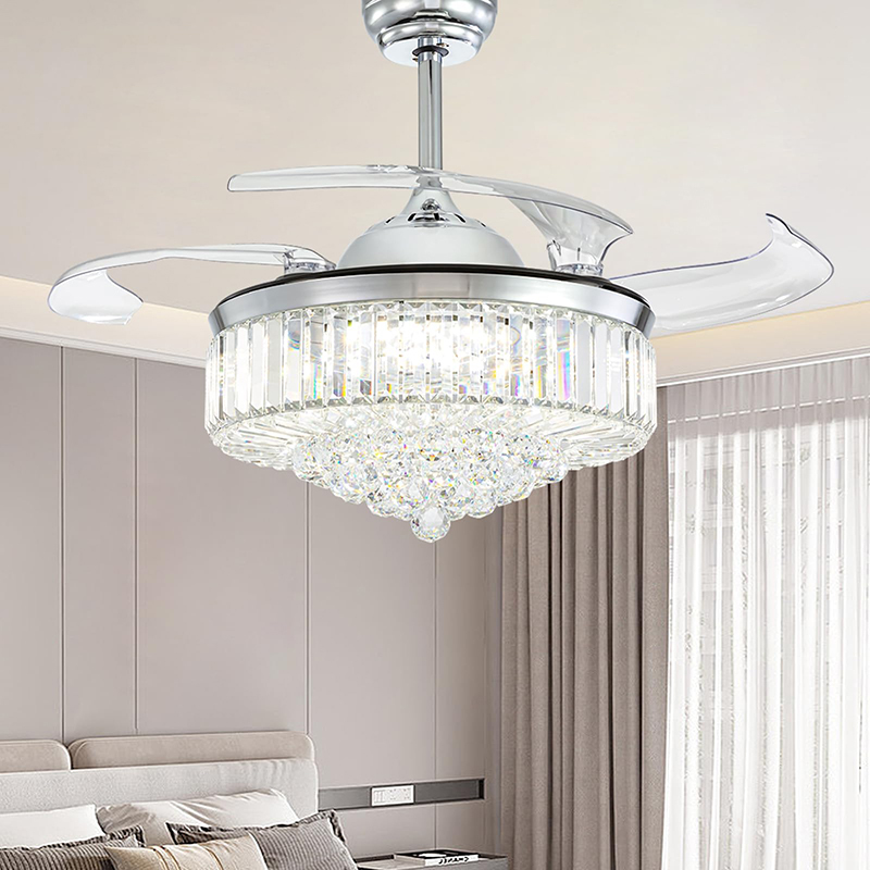 Luxury Crystal Smart LED Lamp Hotel Remote Control Retractable Chandelier Fan Light Ceiling Living Lighting
