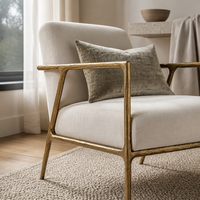 Fauteuil rembourré avec structure métallique ouverte, accoudoirs courbes, pieds effilés, chaise d'appoint en tissu lin pour coin lecture, crème