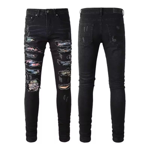Y2K Streetwear Skinny Jeans Hombres <span class=keywords><strong>Slim</strong></span> <span class=keywords><strong>Fit</strong></span> Ripped Distressed Stonewashed Bordado Parche Vintage Hip Hop Pantalones de mezclilla - Product Image 3