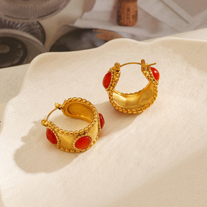 Pendientes de Aro Chapados en Oro con Incrustaciones de Piedras Rojas, Acero Inoxidable, Estilo Vintage, Joyería de Moda - Product Image 3