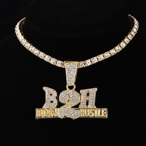Collar de Moda con Colgante Iced Out Hiphop Born 2 Hustle y Cadena Cubana de Diamantes de 12 mm - Product Image 6