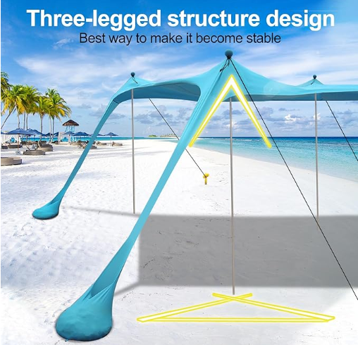 Beach Canopy UPF50+ with Sandbags Outdoor Shade 11x11 FT 4 or 6 Poles Optional for Camping Fishing Backyard Picnics