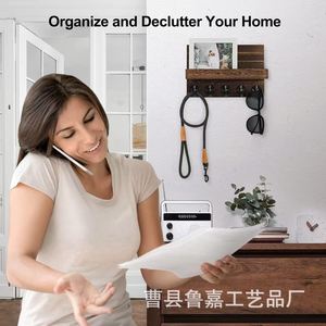 Wooden Wall-Mounted Storage Rack With Large <b>Hooks</b> And Deep <b>Shelf</b> For Entryway Key And Household Items - Product Image 5