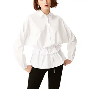 Primavera y otoño de alta calidad, con estilo de moda casual de las mujeres camisa blusa de volantes Peplum blusa venta al por mayor