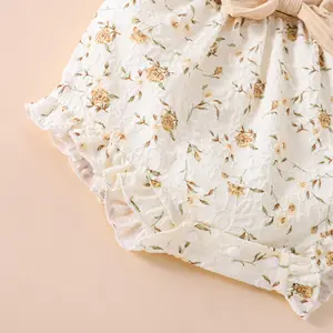 Pakaian bayi anak-anak, baju monyet lengan cetak 3M-18M simpul pita, pakaian bodysuit motif bunga bayi perempuan pendek