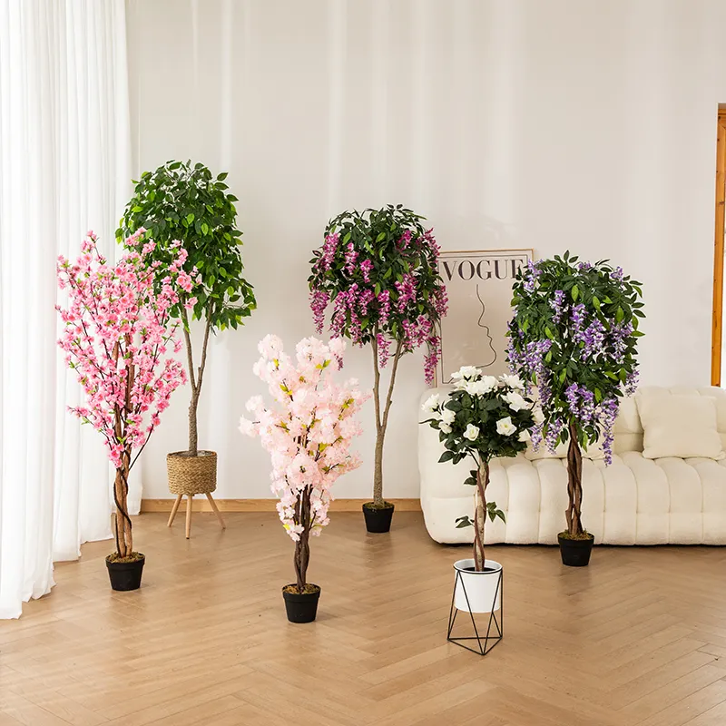 Grosir Tanaman Bonsai Artifisial Plastik Bonsai Tanaman Mawar Palsu Bonsai untuk Dekorasi Rumah Pesta Pernikahan Taman Hias