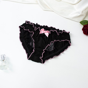 ชุดชั้นในซีทรูตาข่ายสีมิดไนท์สำหรับผู้หญิง กางเกงในลูกไม้แบบเว้า แต่งระบายสีสันตัดกัน ประดับโบว์ - Product Image 1