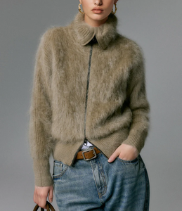 Cardigan en mohair brossé personnalisé pour <span class=keywords><strong>femme</strong></span>, avec double fermeture éclair, <span class=keywords><strong>col</strong></span> montant côtelé, coupe ample, manches longues - Product Image 1